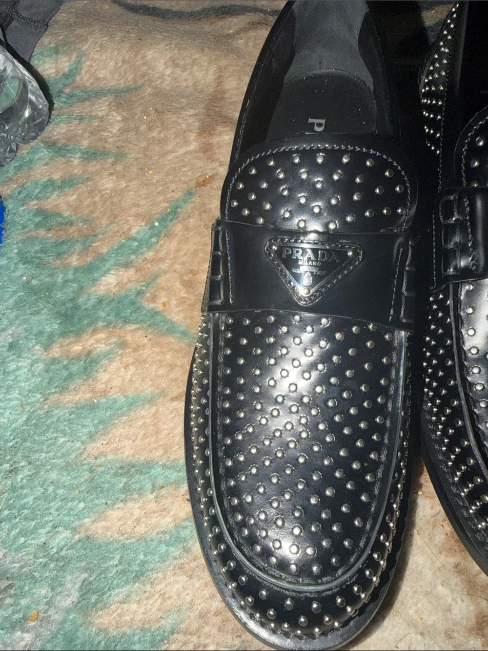 Prada Black Studded Leather Slip-On Loafers